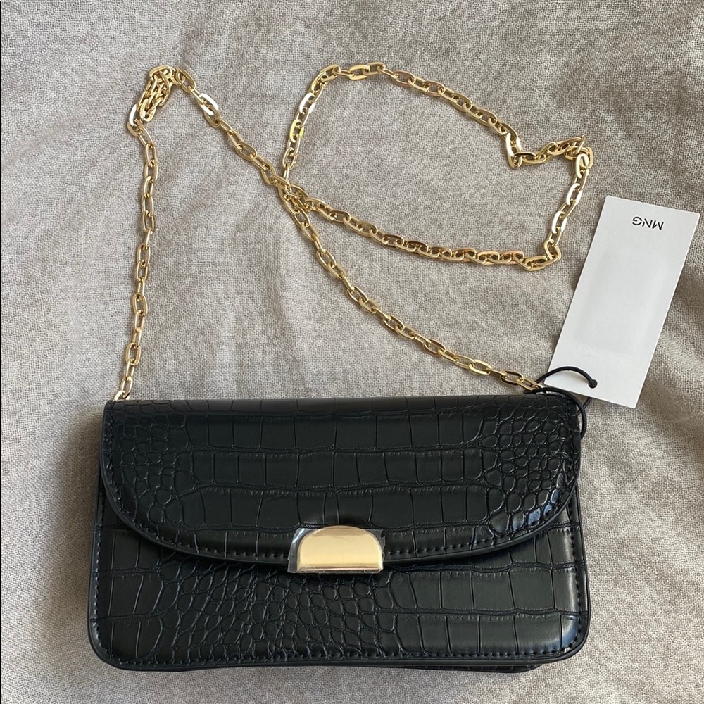 Mango Black Croc-Embossed Bag with Gold Chain
